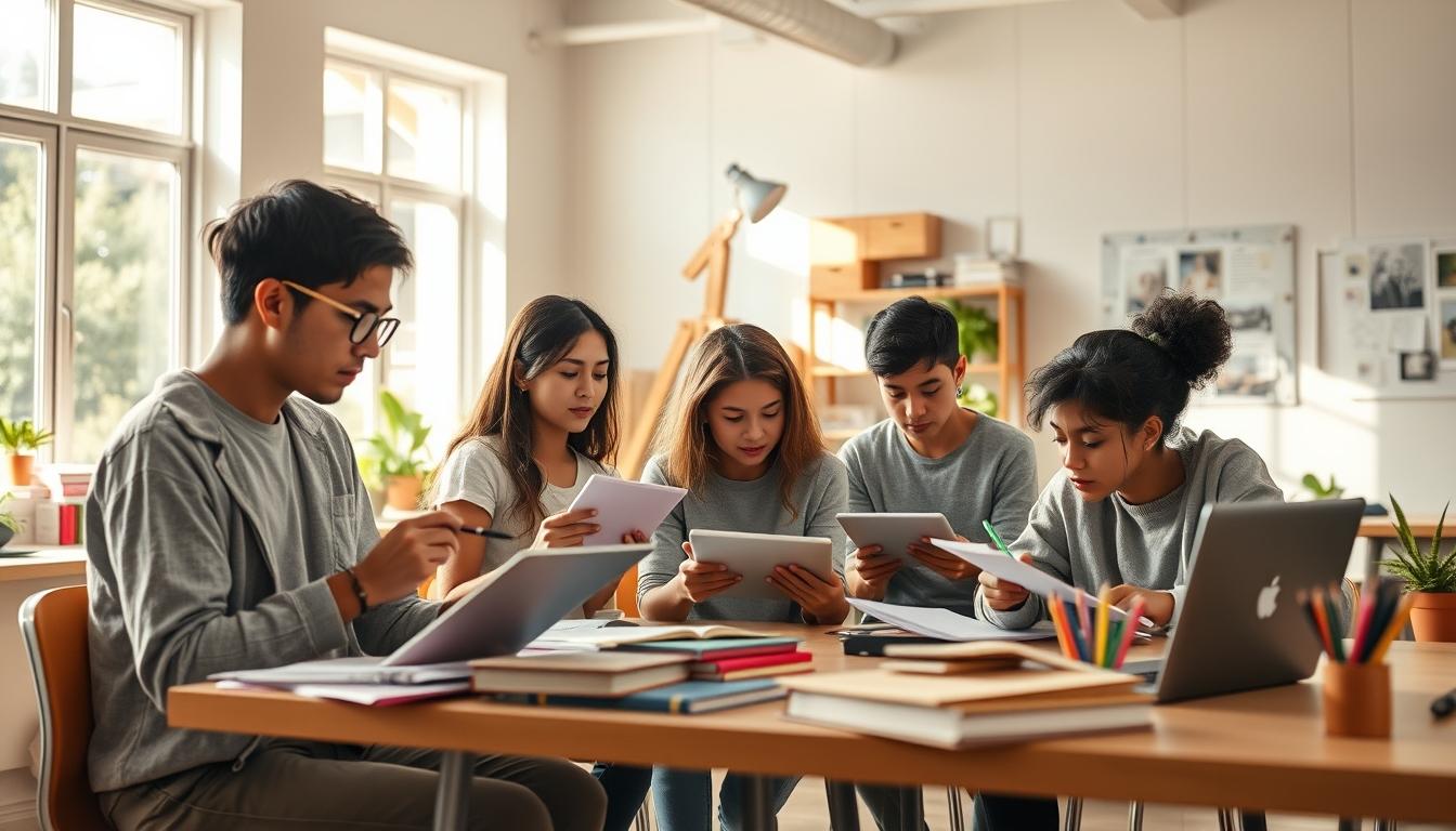 Students studying together in modern classroom